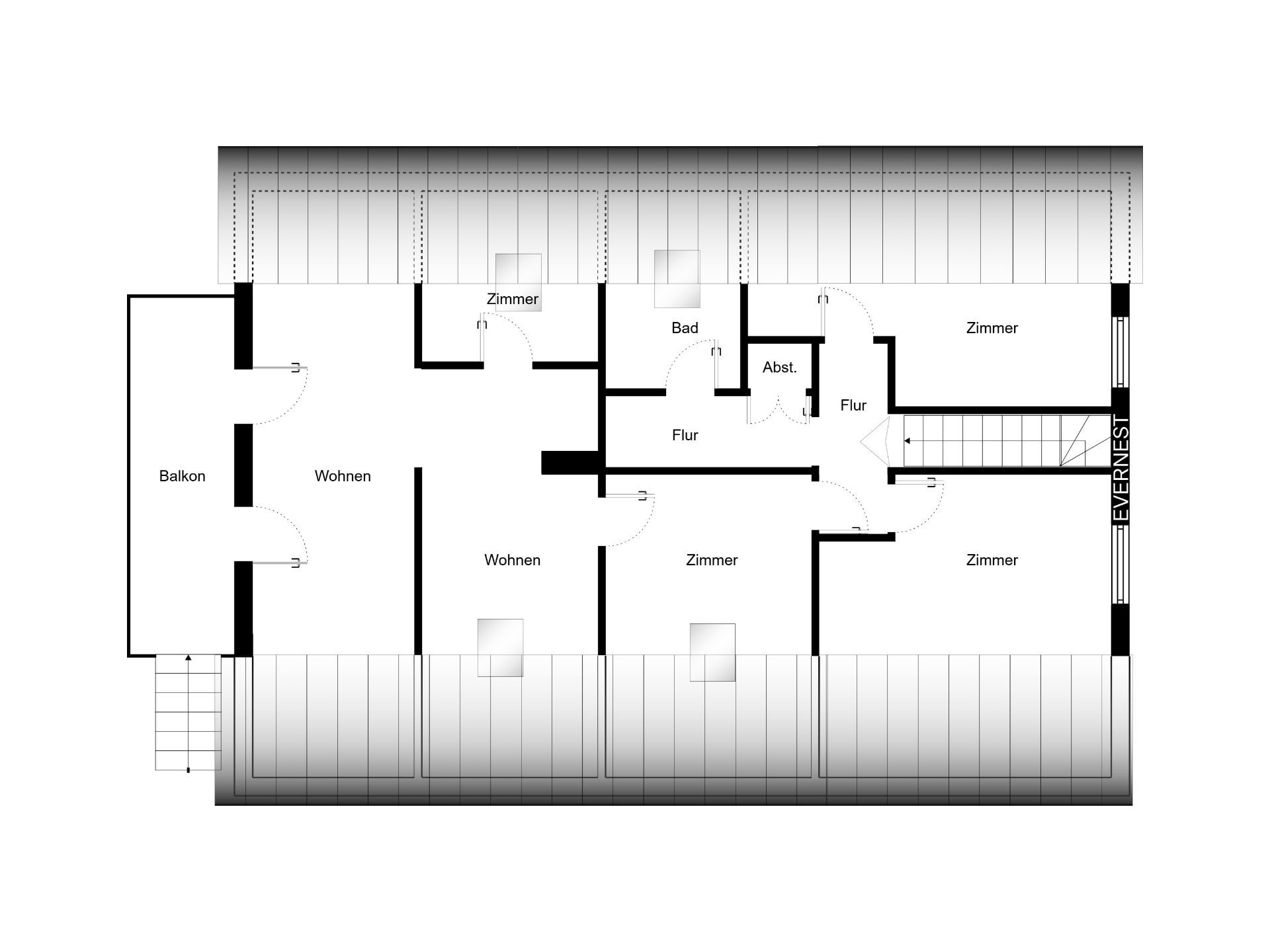 Grundriss einer Wohnung mit Balkon, mehreren Zimmern, Bad und Flur.