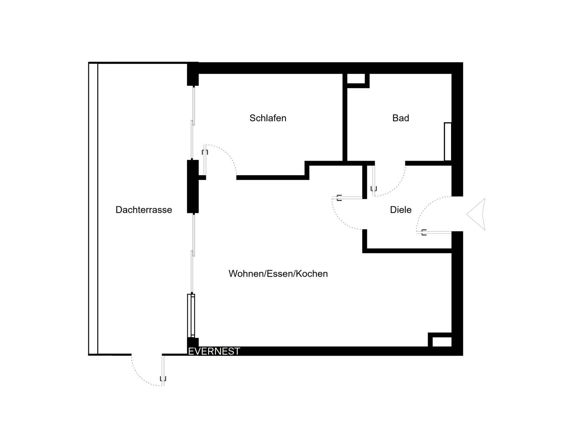 Grundriss einer Wohnung mit Schlafzimmer, Bad, Wohnbereich und großer Dachterrasse.