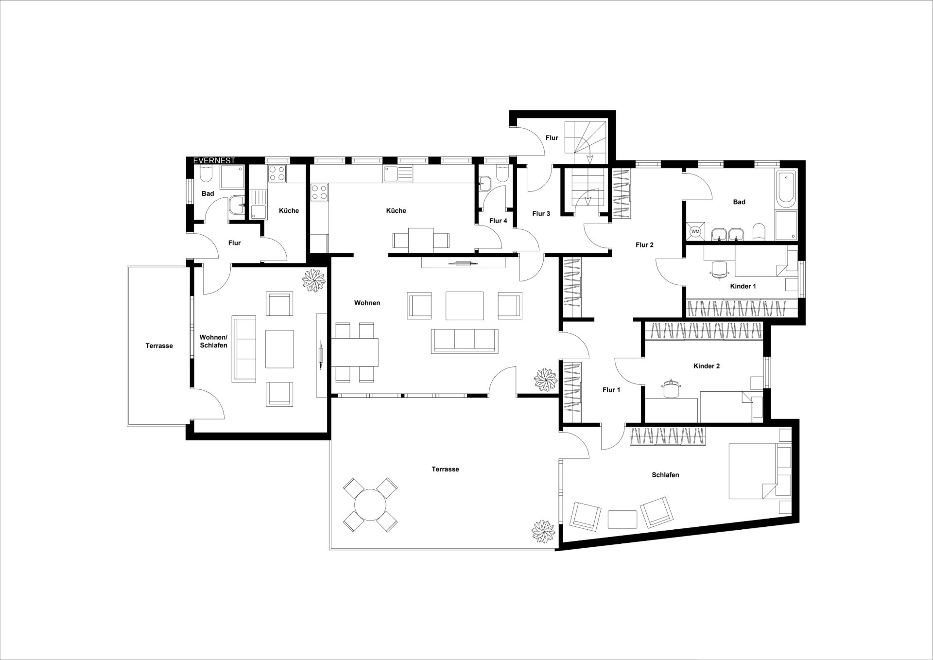 Grundriss eines Wohnhauses mit mehreren Zimmern, zwei Küchen und zwei Terrassen.