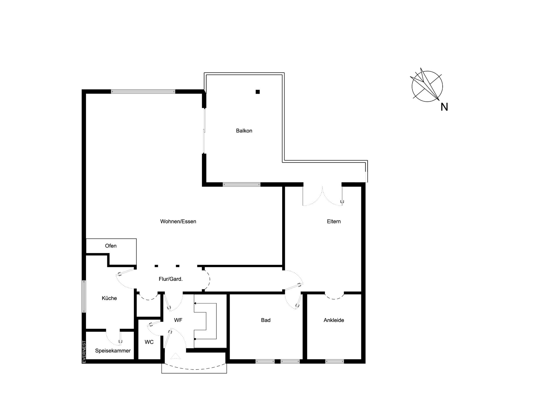 Grundriss einer Wohnung mit Wohnzimmer, Küche, Balkon, Bad, Schlafzimmer und Ankleide.