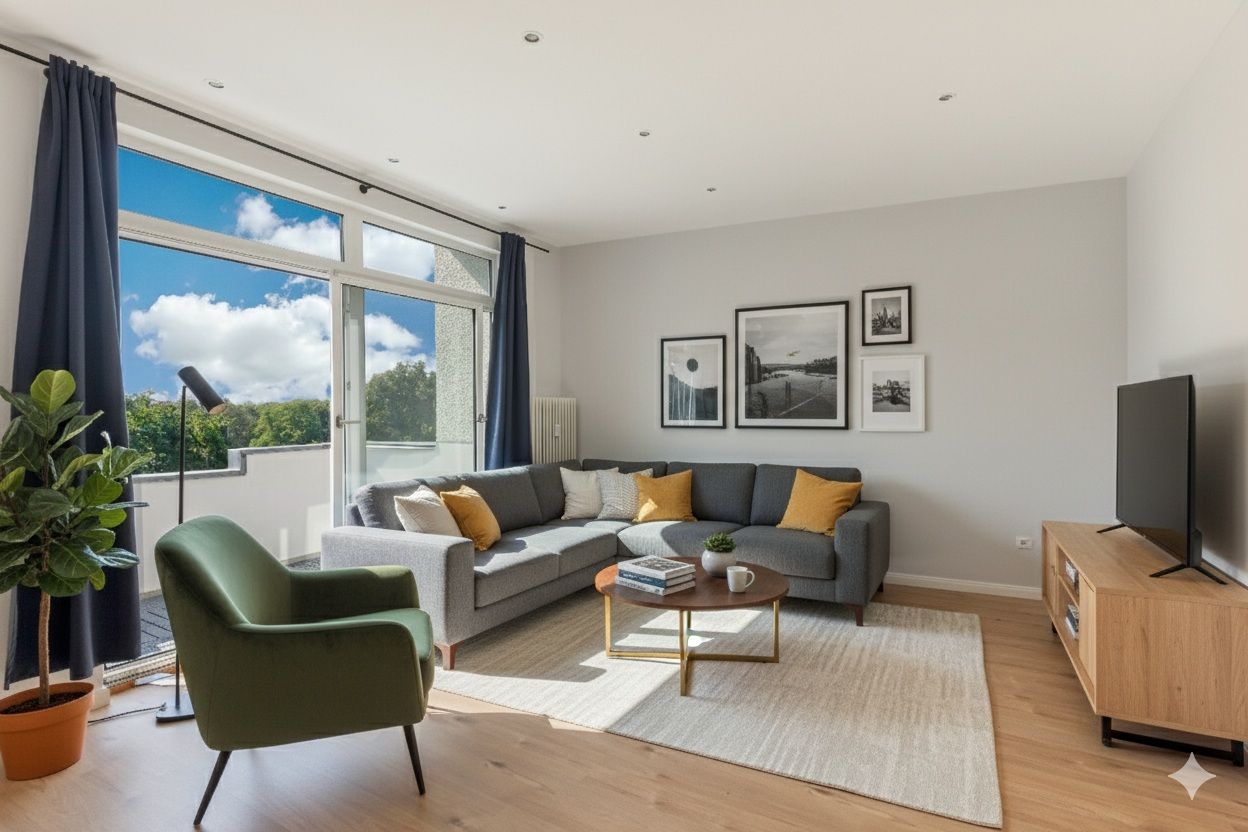 Helles Wohnzimmer mit Ecksofa, Sessel, Fernseher, Couchtisch und großen Fenstern.