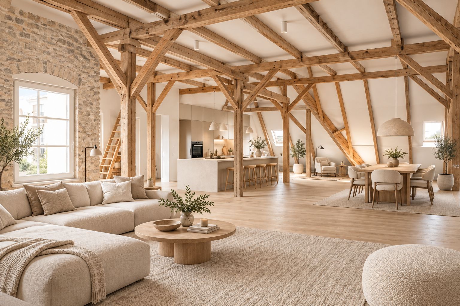 Helles Wohnzimmer mit Holzbalken, offener Küche, Esstisch und gemütlicher Sitzecke.