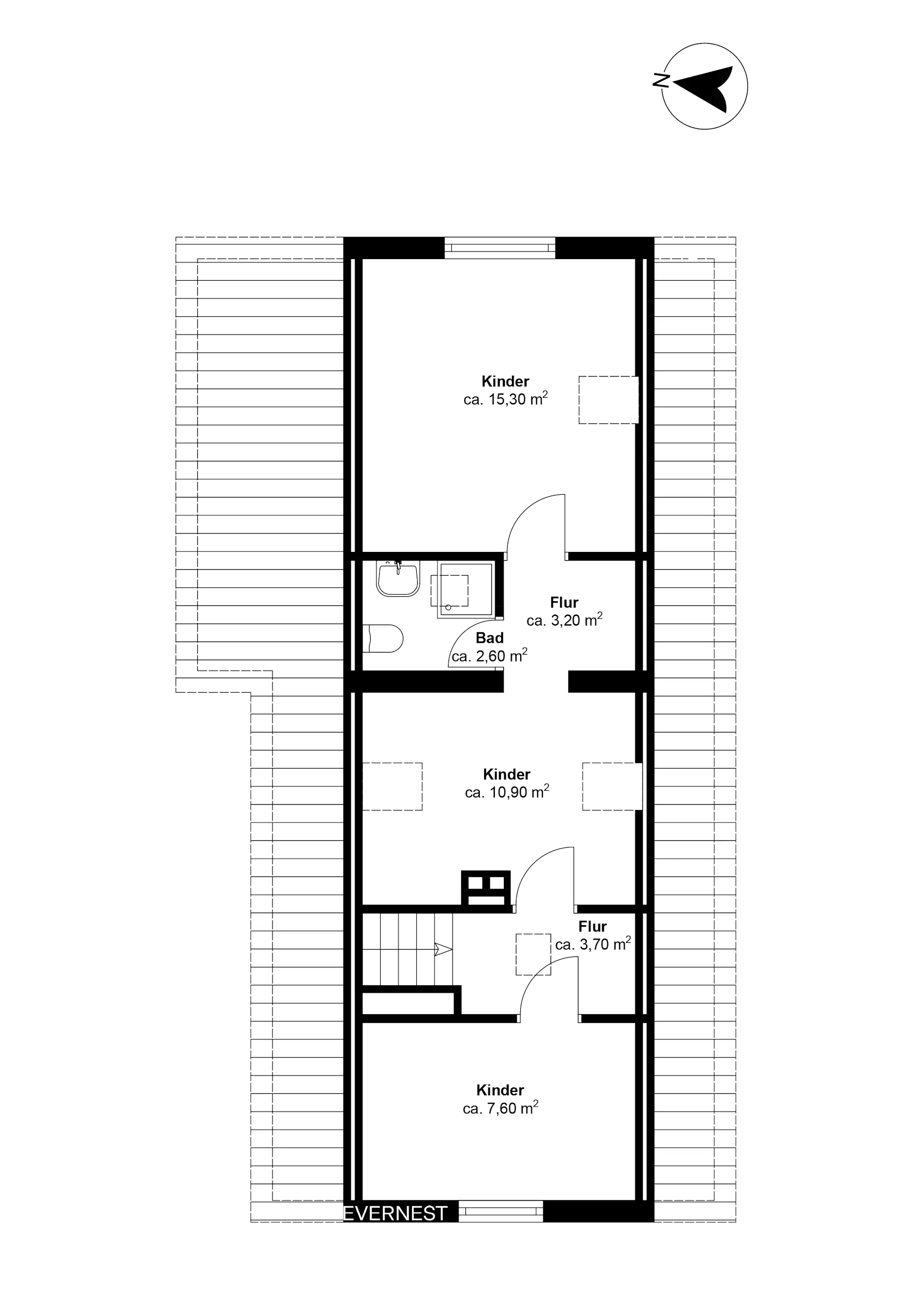 Grundriss mit drei Kinderzimmern, kleinem Bad und zwei Fluren.