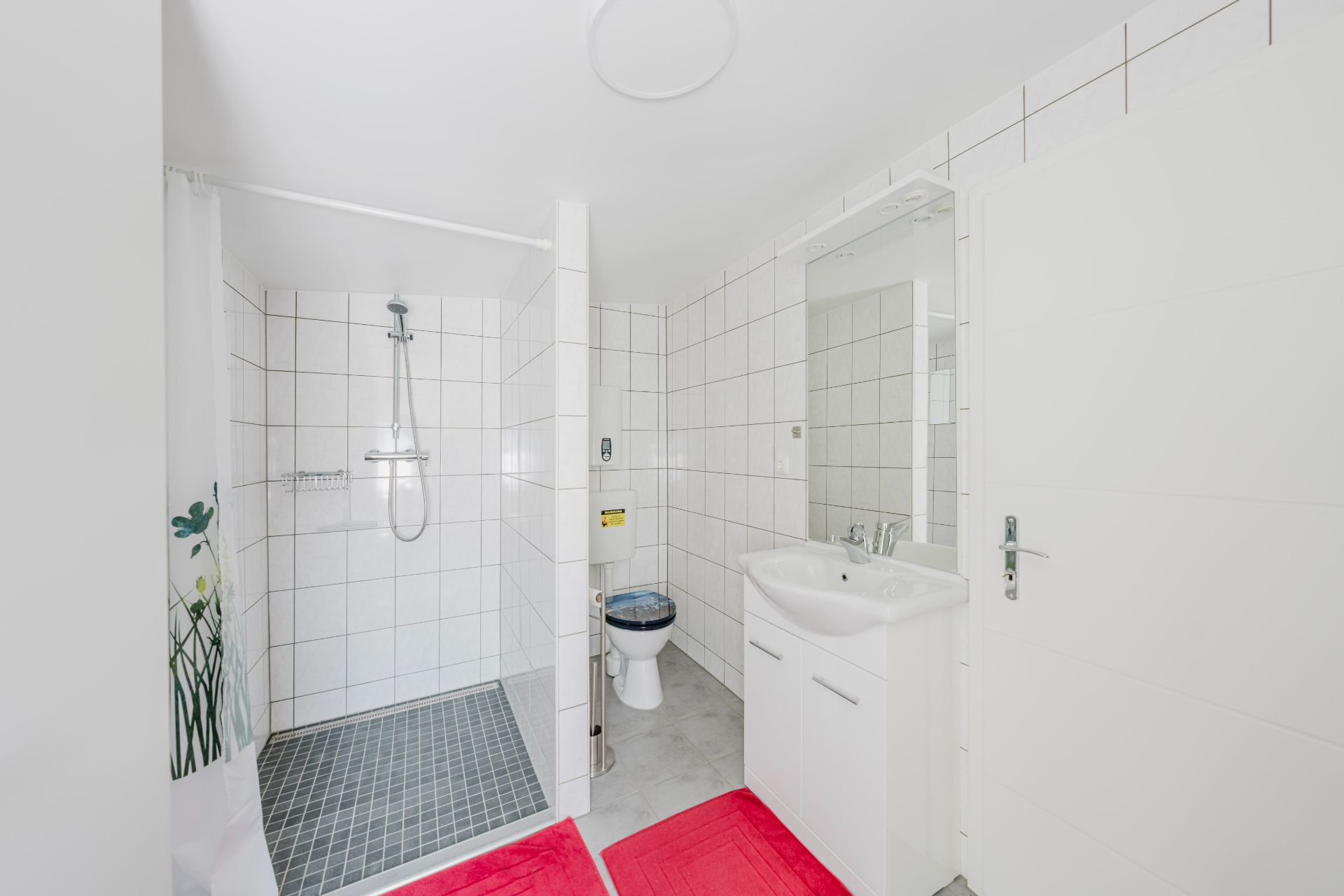 Modernes Badezimmer mit ebenerdiger Dusche, Waschbecken, Toilette und roten Badvorlegern.