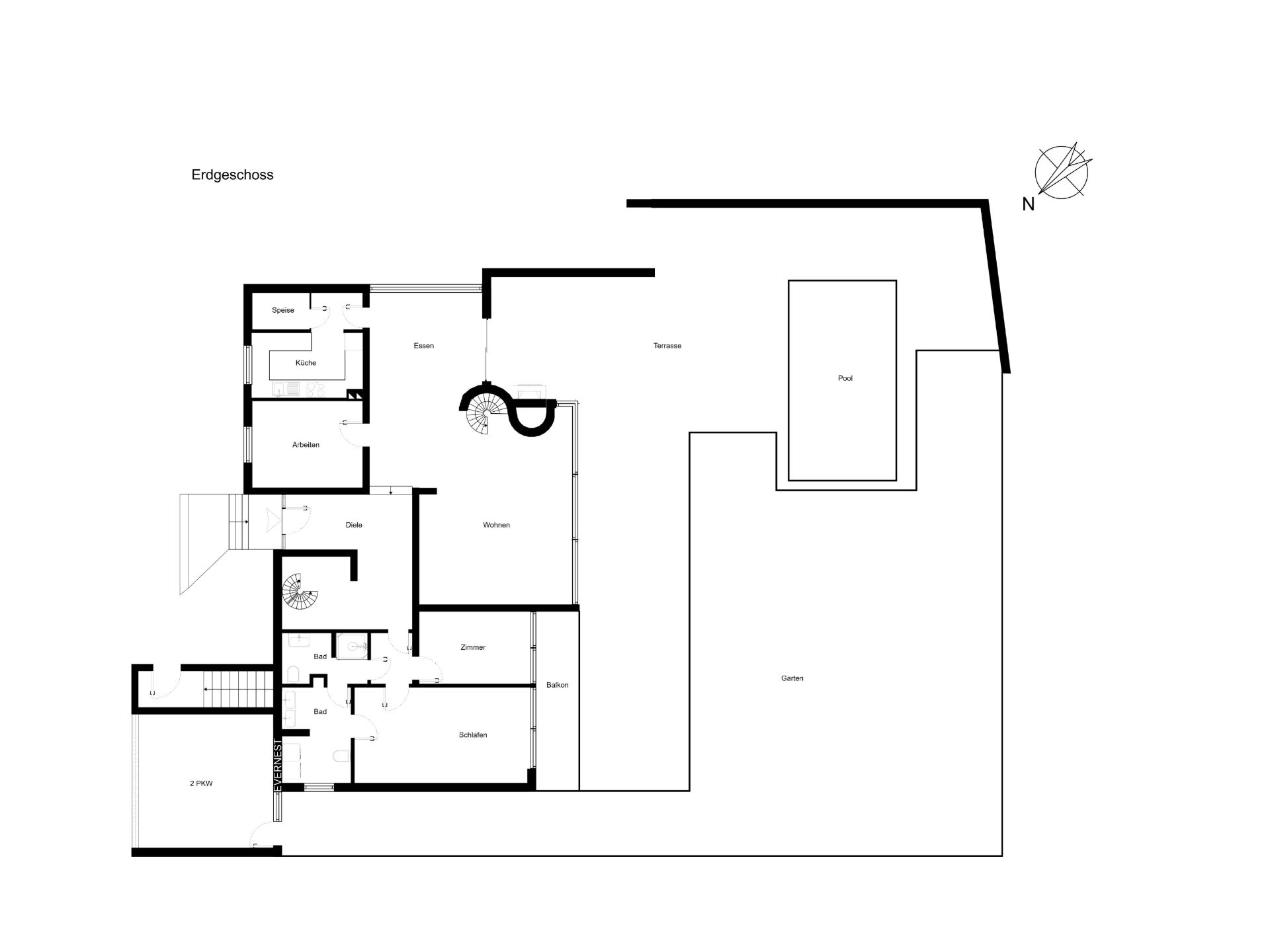Grundriss des Erdgeschosses mit Zimmern, Terrasse, Pool und Garten.