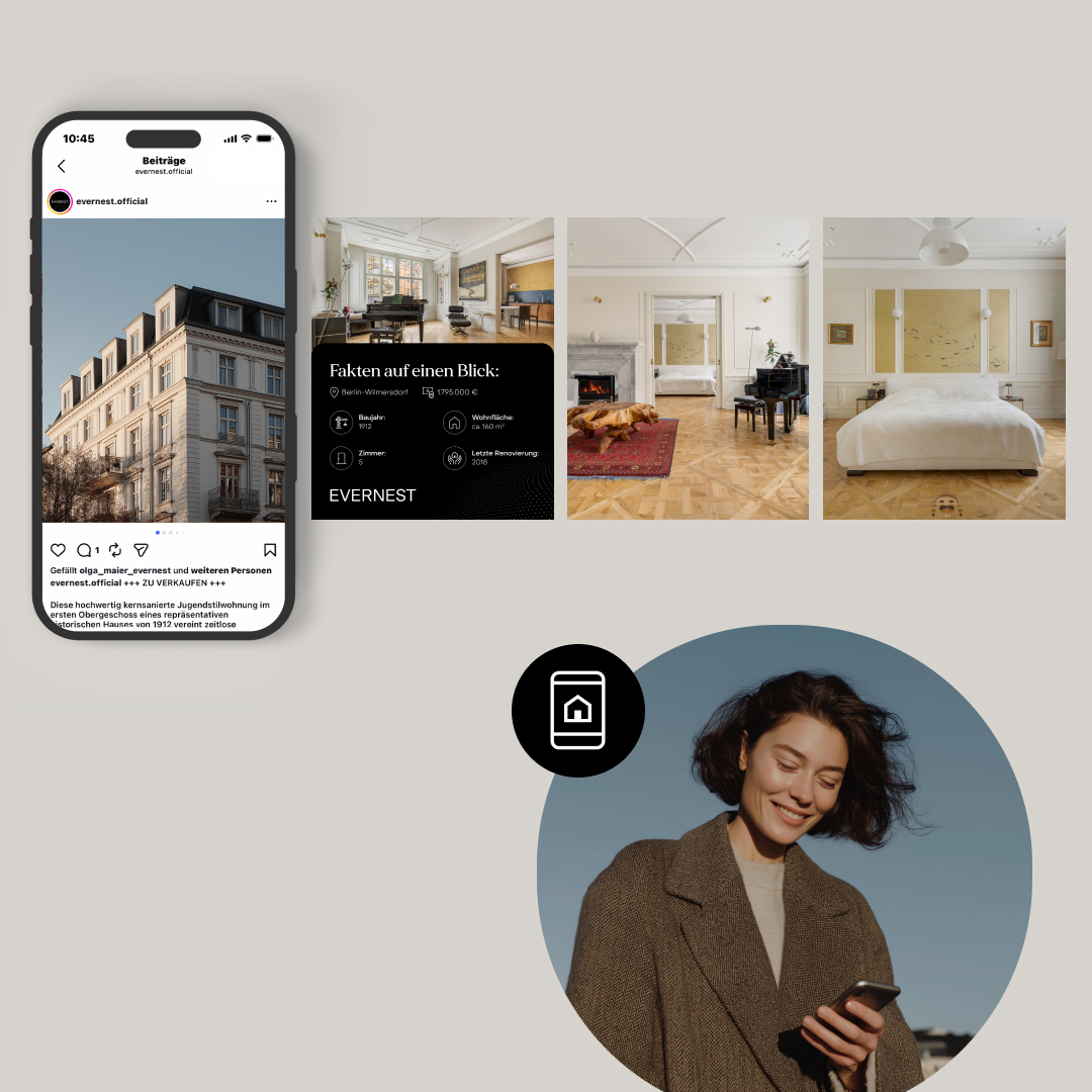 Collage mit moderner Hausfassade, Wohnzimmer, Küche, Treppe und lächelnder Frau mit Smartphone.