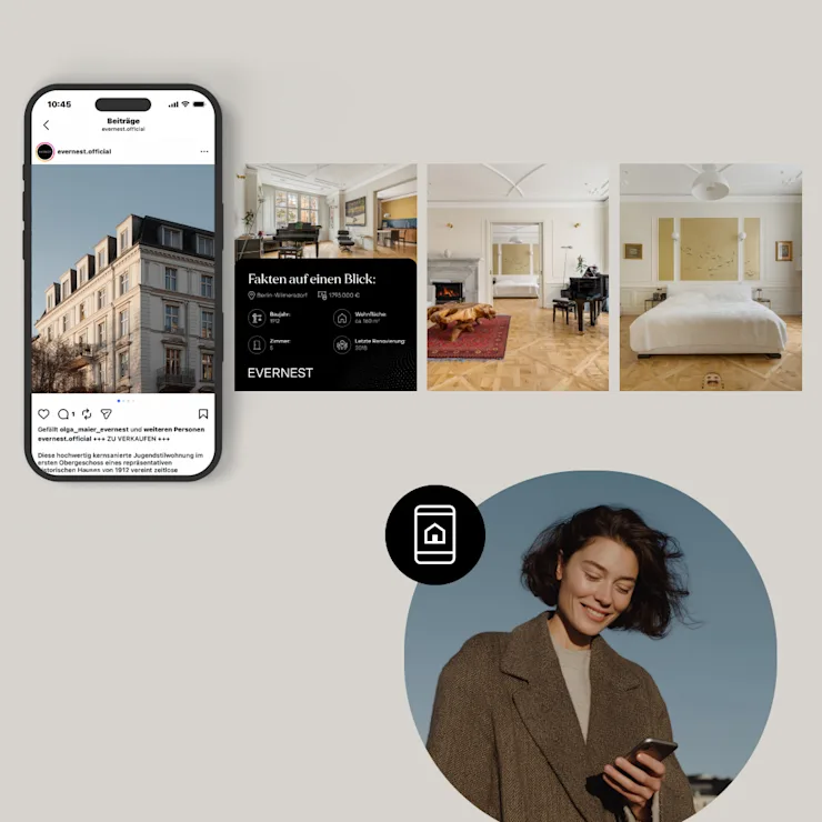 Collage mit moderner Hausfassade, Wohnzimmer, Küche, Treppe und lächelnder Frau mit Smartphone.