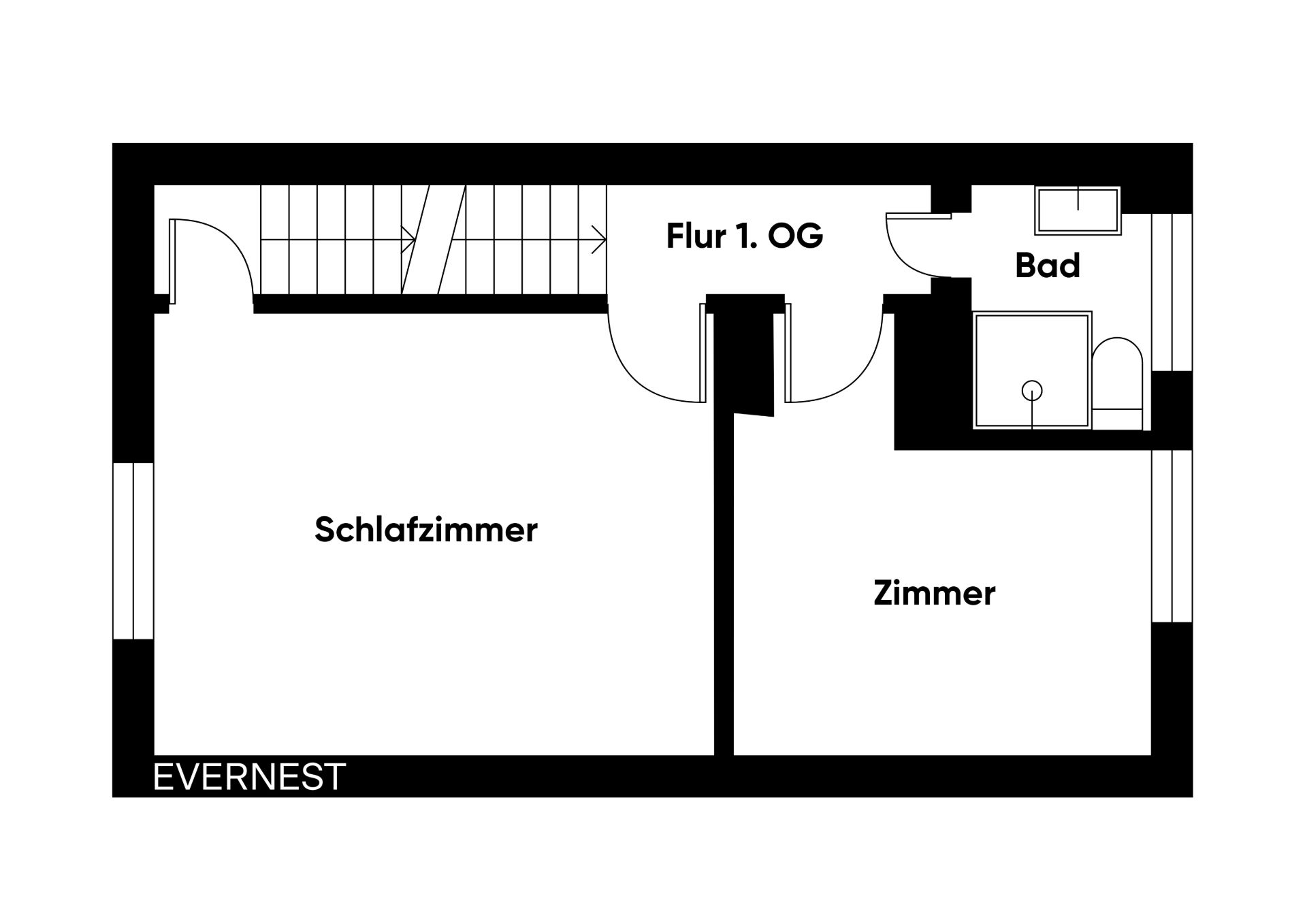 Grundriss mit Schlafzimmer, Zimmer, Bad und Flur im ersten Obergeschoss.