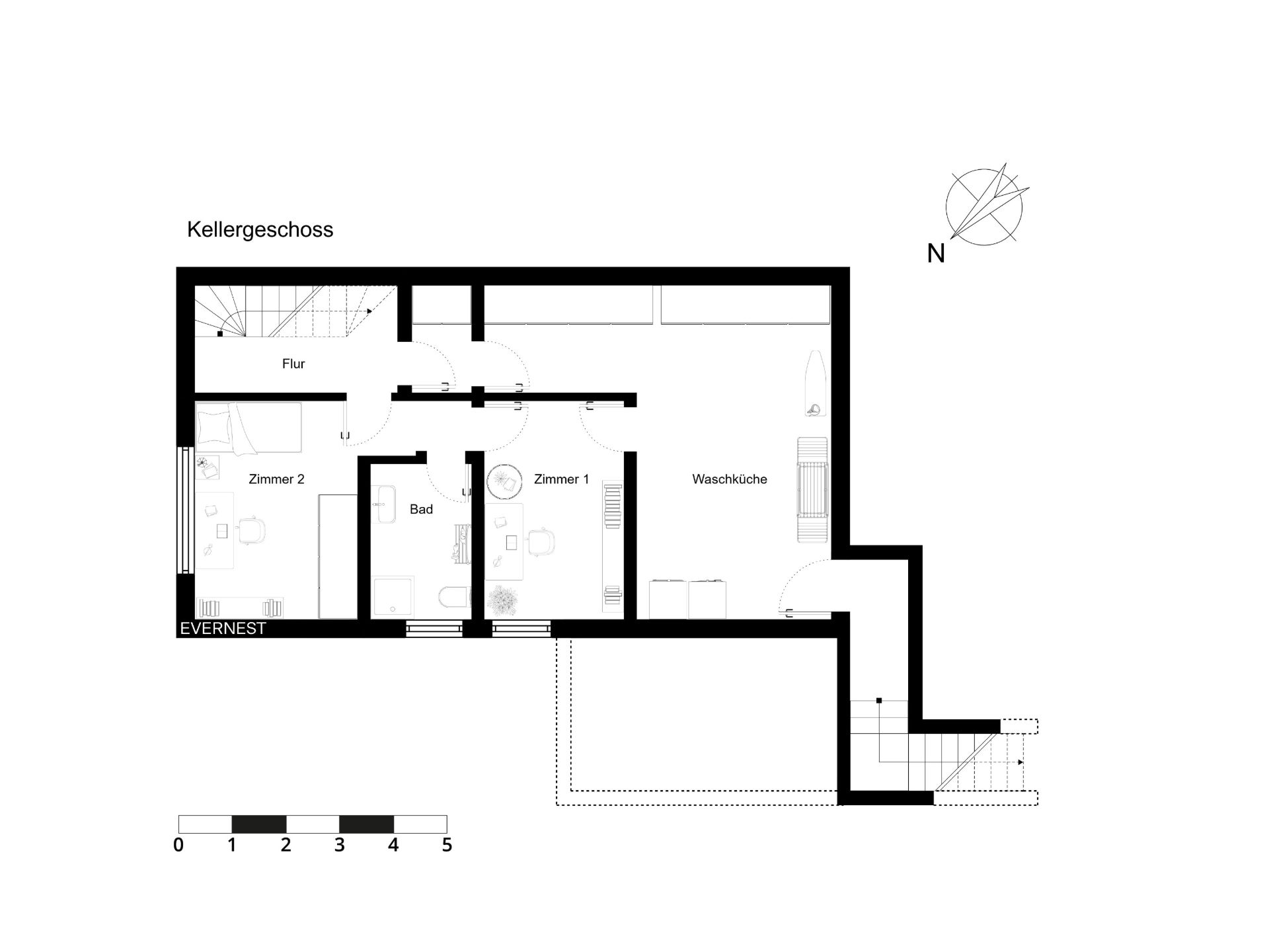 Grundriss eines Kellergeschosses mit Flur, zwei Zimmern, Bad und Waschküche.