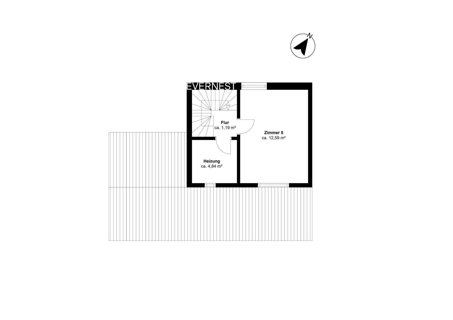 Grundriss mit Flur, Heizungsraum und Zimmer 5, Fläche ist beschriftet.