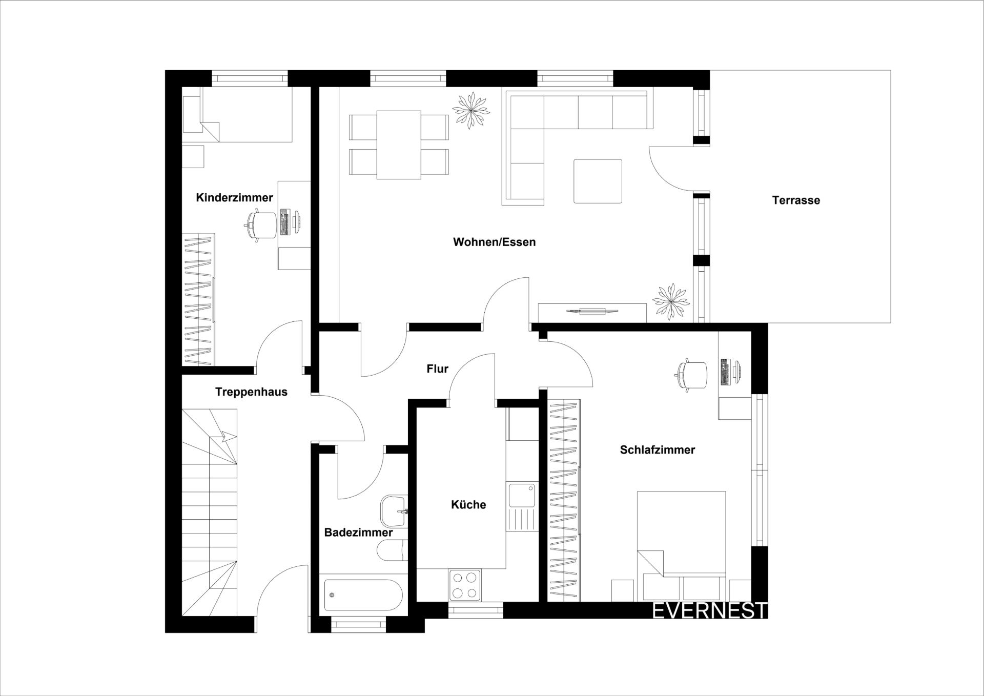 Grundriss einer Wohnung mit Kinderzimmer, Schlafzimmer, Küche, Bad, Wohnen/Essen und Terrasse.