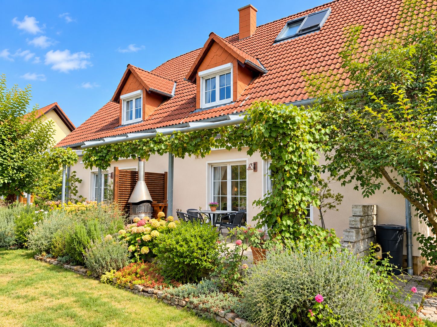 Haus mit rotem Dach, Terrasse und Garten mit blühenden Pflanzen bei Sonnenschein.