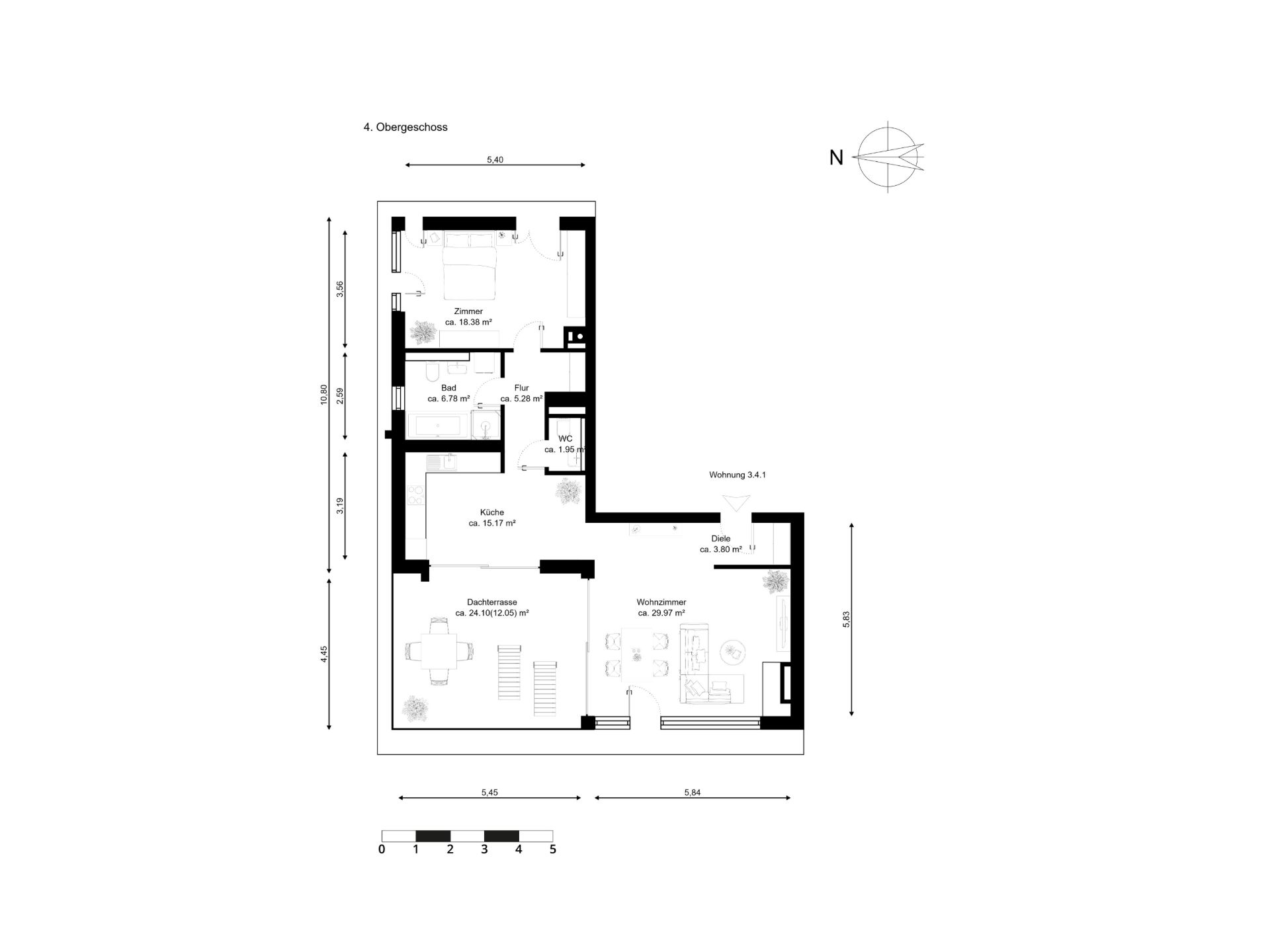 Grundriss einer Wohnung mit Wohn-, Schlaf-, Esszimmer, Bad, Küche und Flur.