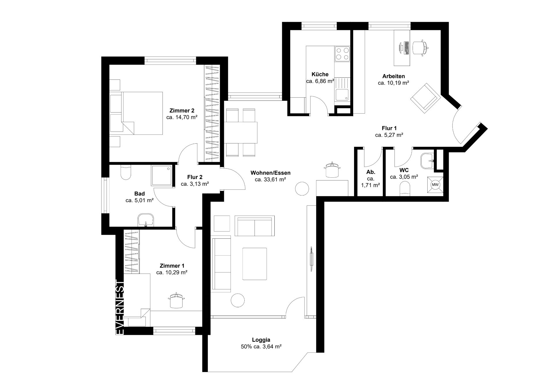 Grundriss einer Wohnung mit zwei Schlafzimmern, Wohnzimmer, Küche, Bad, WC, Abstellraum und Loggia.
