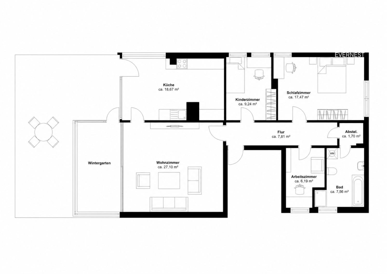 Grundriss einer Wohnung mit Wohnzimmer, Küche, Schlafzimmer, Kinderzimmer, Bad und Wintergarten.