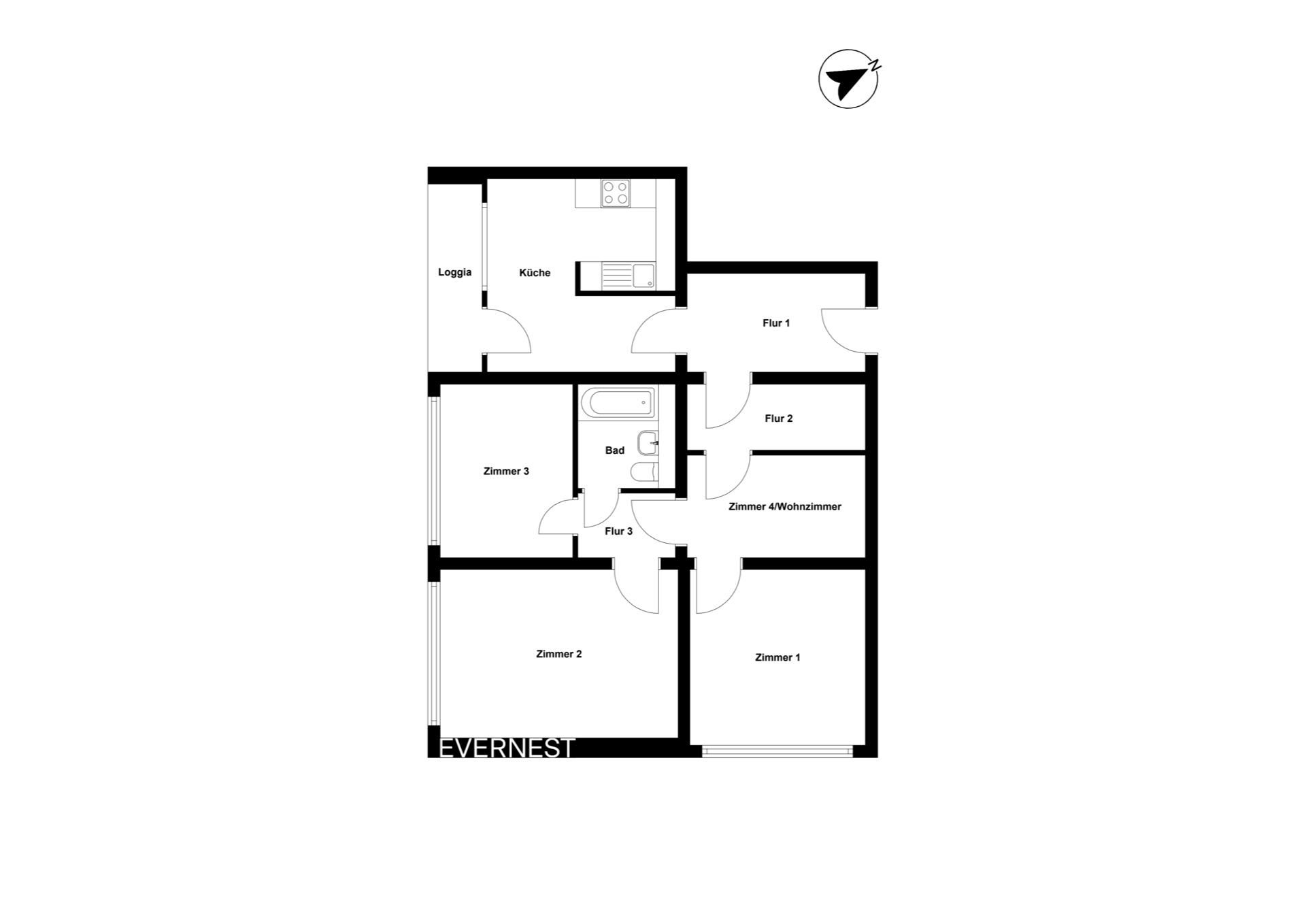 Grundriss einer Wohnung mit vier Zimmern, Küche, Bad, Loggia und Fluren.