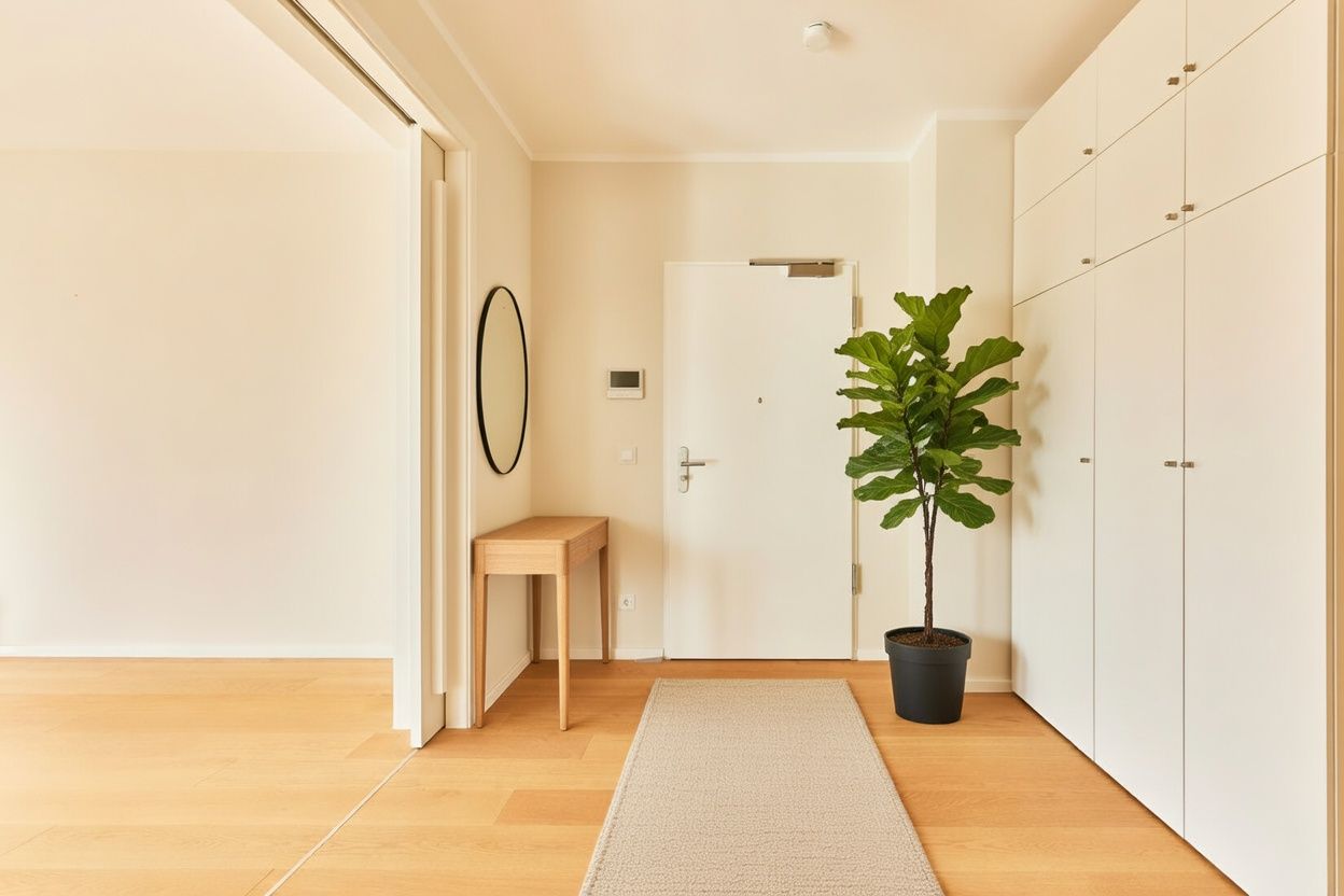 Heller Flur mit Holzboden, weißer Eingangstür, großem Schrank, Teppich und Pflanze im Topf.