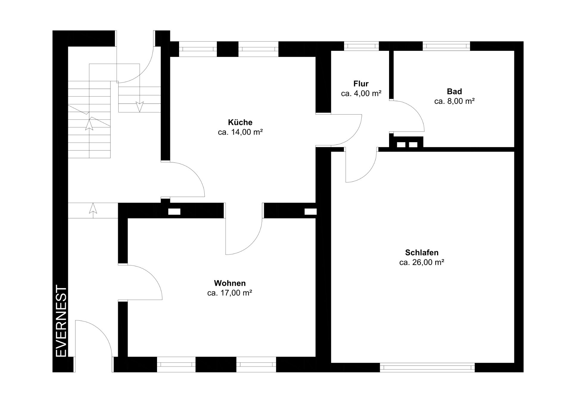 Grundriss einer Wohnung mit Küche, Bad, Flur, Schlaf- und Wohnzimmer.