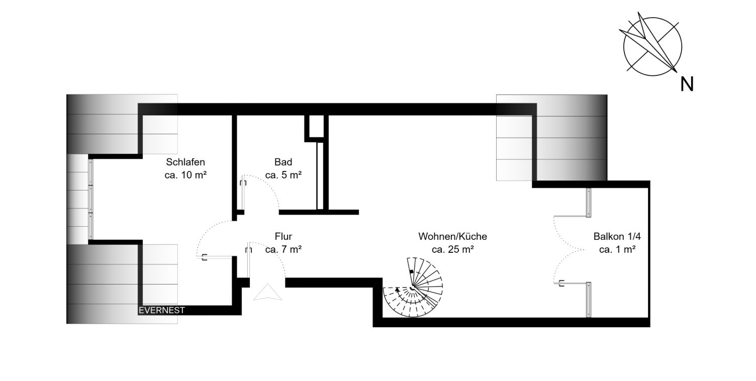 Grundriss mit Schlafzimmer, Bad, Flur, Wohnküche und kleinem Balkon.