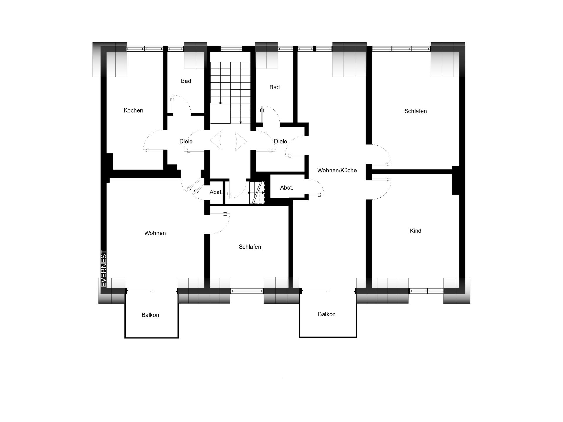 Grundriss einer Wohnung mit Wohnzimmer, Küche, Schlafzimmern, Bädern und drei Balkonen.