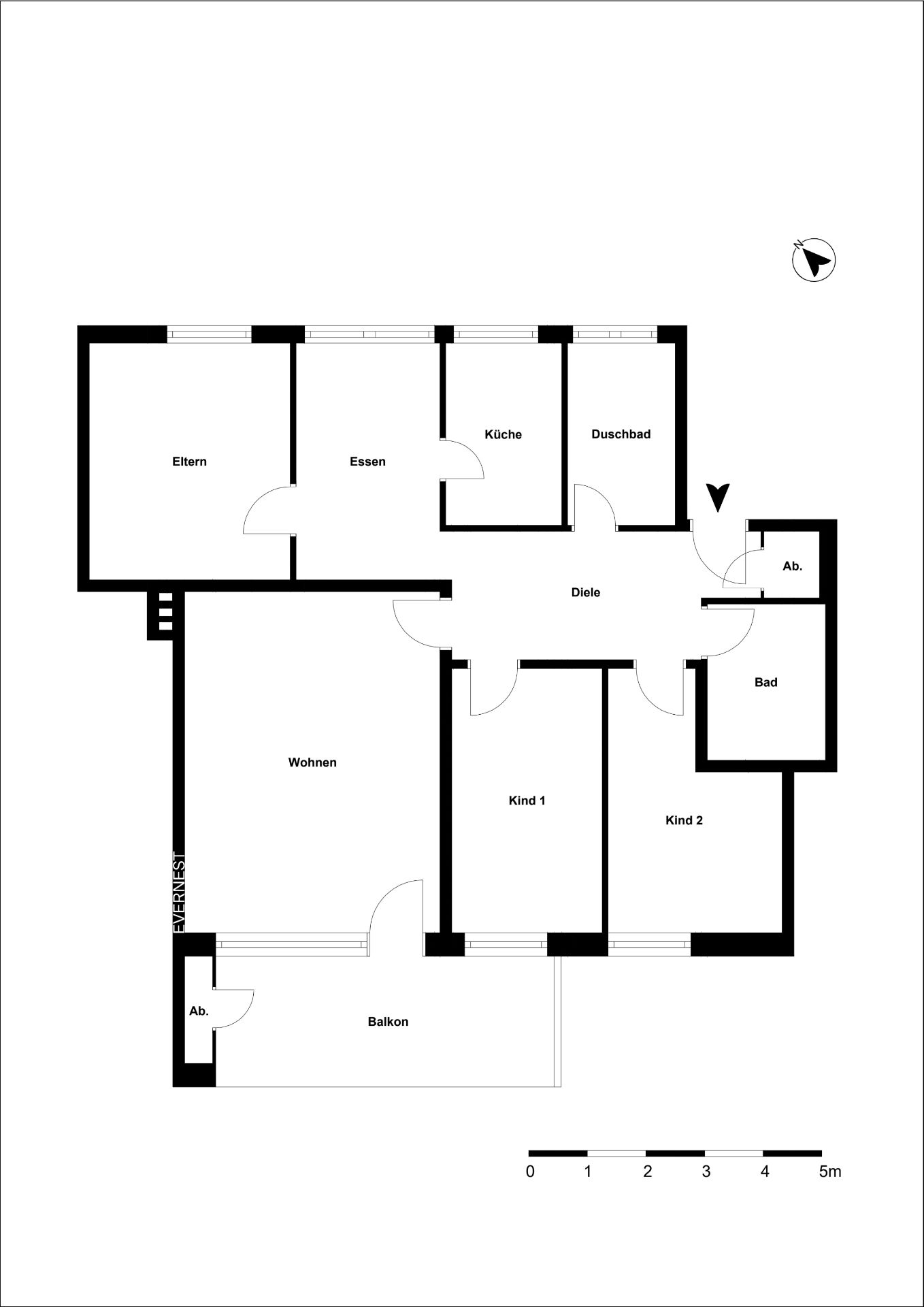 Grundriss einer Wohnung mit Balkon, Wohnzimmer, Küche, Bad, Duschbad und mehreren Zimmern.