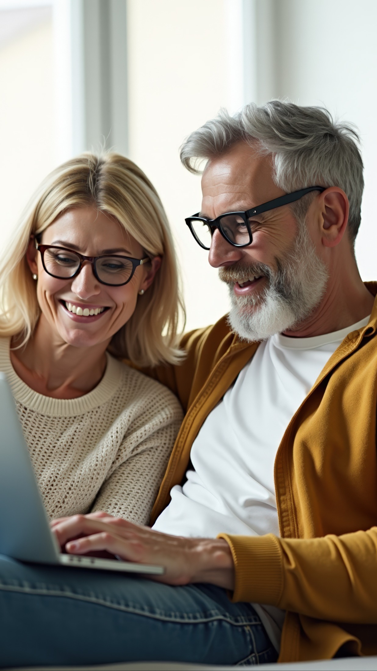 Zwei lächelnde Erwachsene mit Brille sitzen zu Hause und schauen gemeinsam auf einen Laptop.