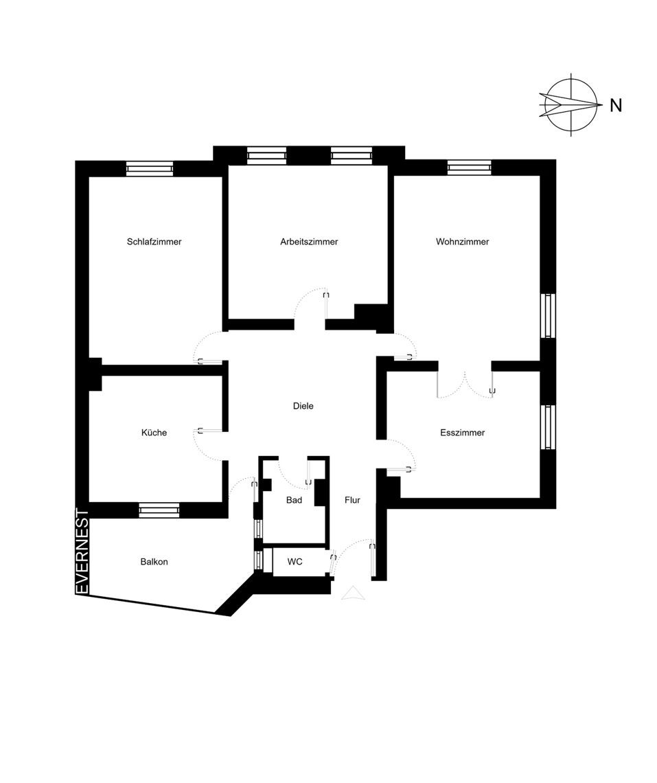Grundriss einer Wohnung mit Schlafzimmer, Arbeitszimmer, Wohnzimmer, Küche, Esszimmer, Bad, WC und Balkon.