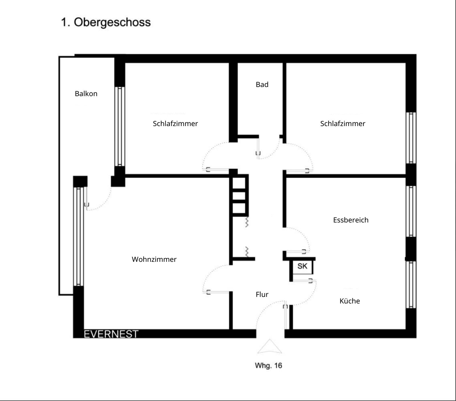 Grundriss einer Wohnung mit zwei Schlafzimmern, Wohnzimmer, Bad, Küche, Essbereich, Flur und Balkon.