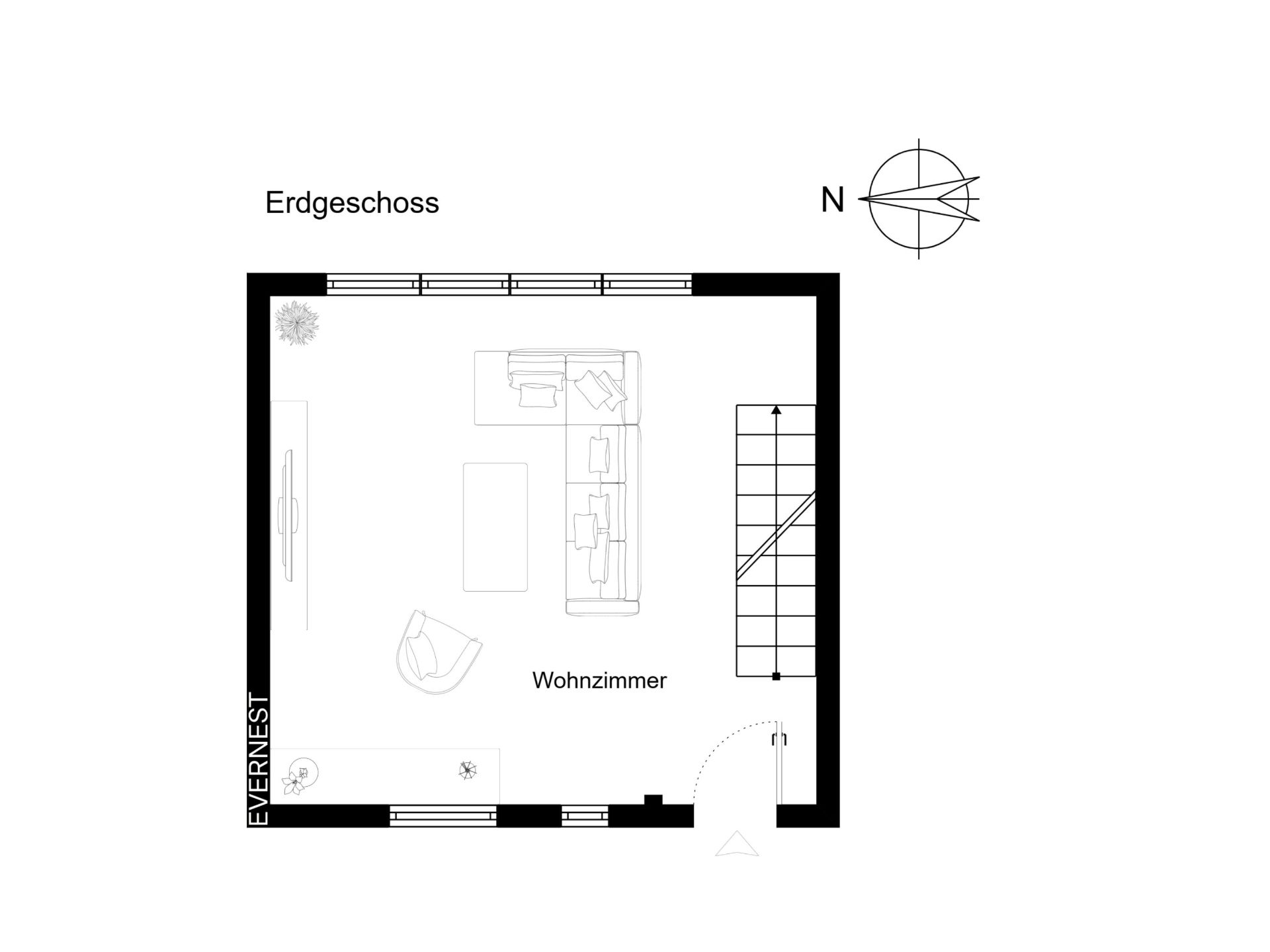 Grundriss des Erdgeschosses mit Wohnzimmer und Treppe, Möbel sind eingezeichnet.