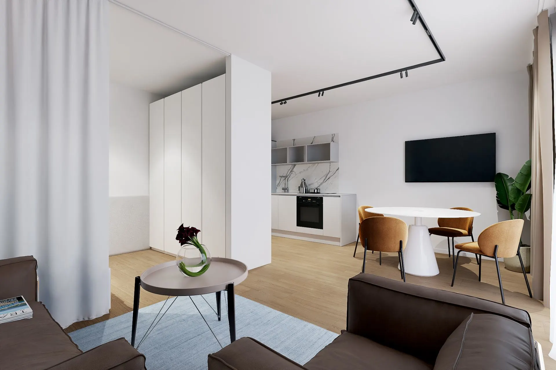 Modernes Wohnzimmer mit braunen Sofas, Couchtisch, offener Küche und Esstisch mit vier Stühlen.