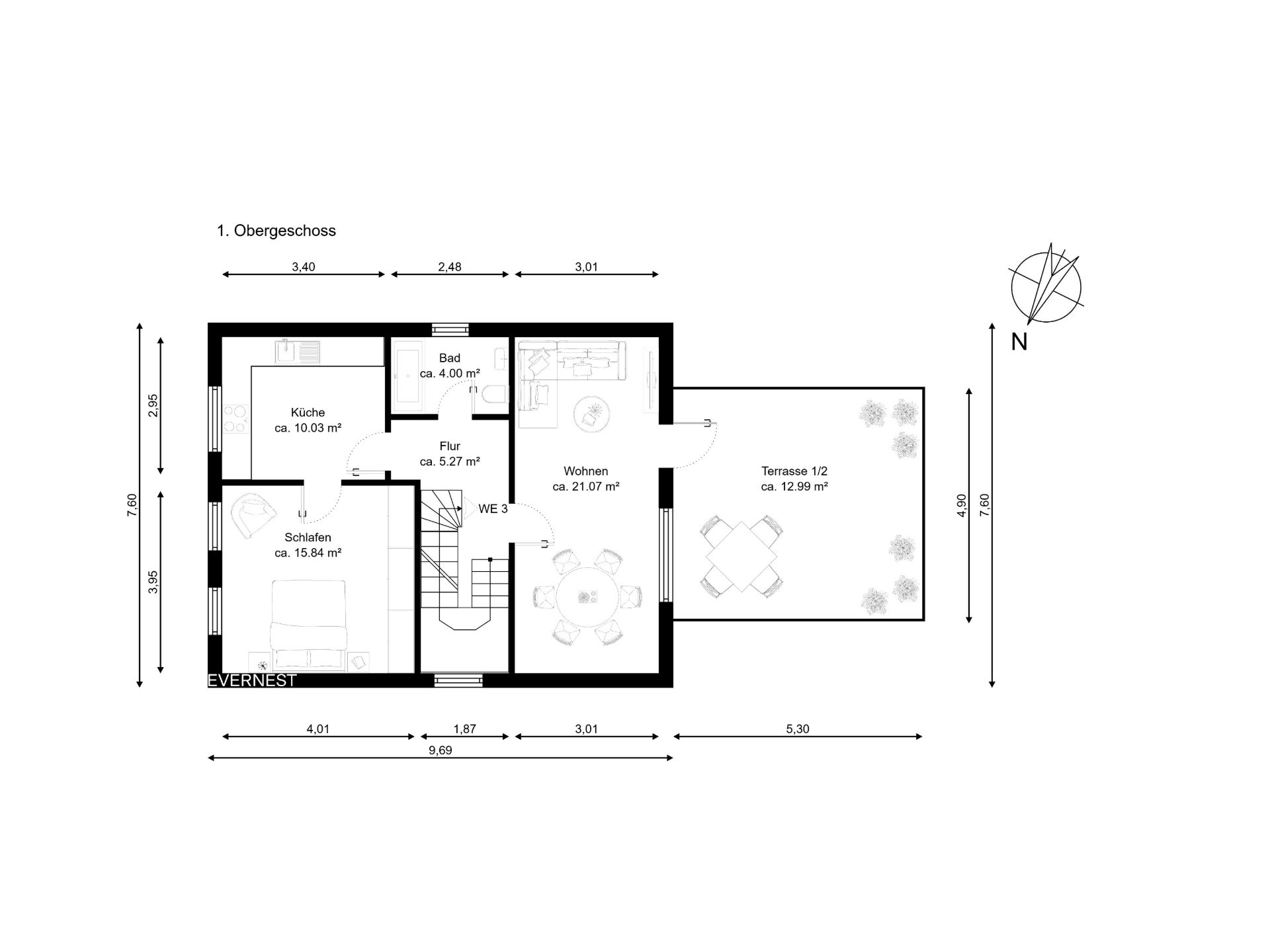 Grundriss einer Wohnung mit Schlafzimmer, Küche, Bad, Flur, Wohnzimmer und Terrasse.
