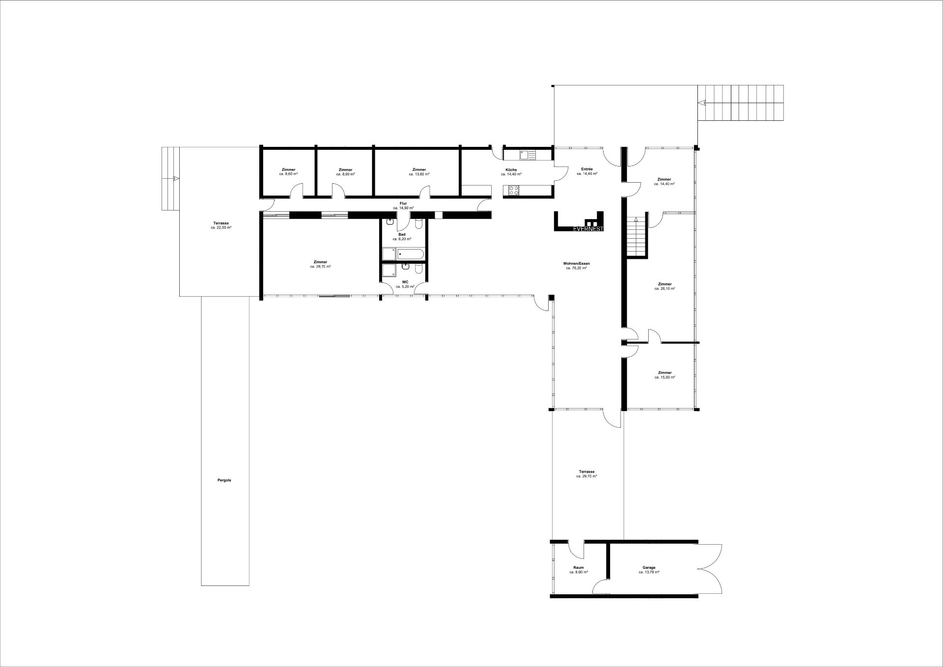 Grundriss eines Wohnhauses mit mehreren Zimmern, Terrassen, einer Pergola und einer Garage.