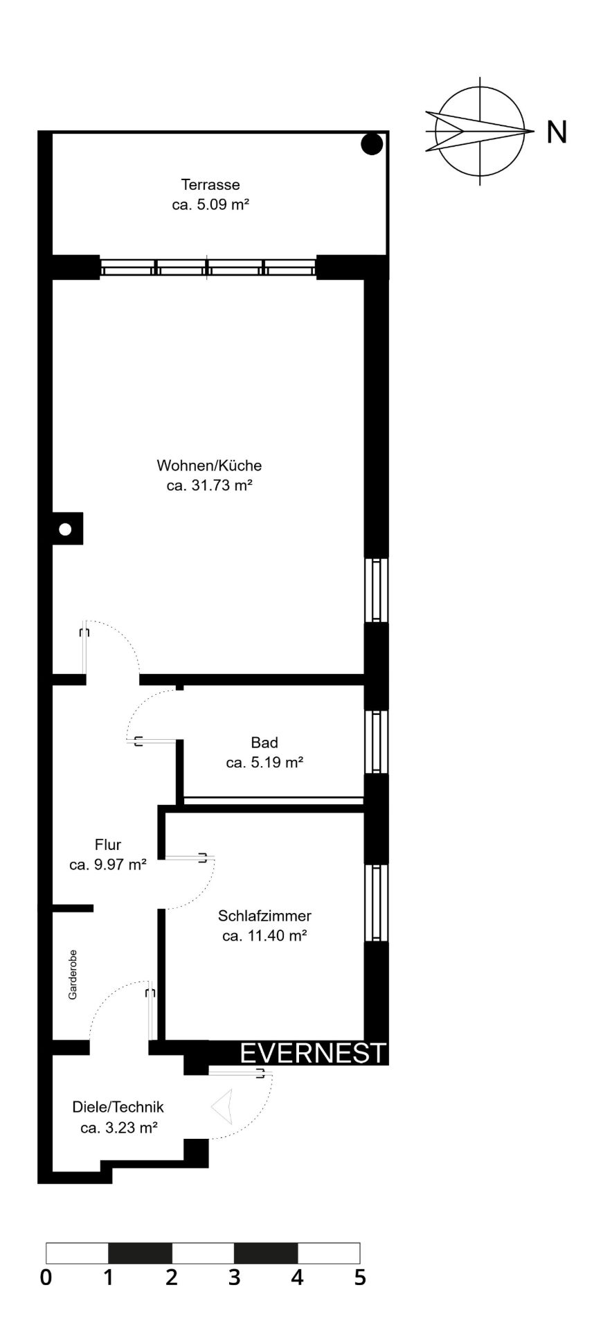 Wohnungsgrundriss mit Terrasse, Wohnküche, Bad, Flur, Schlafzimmer und Technikraum.