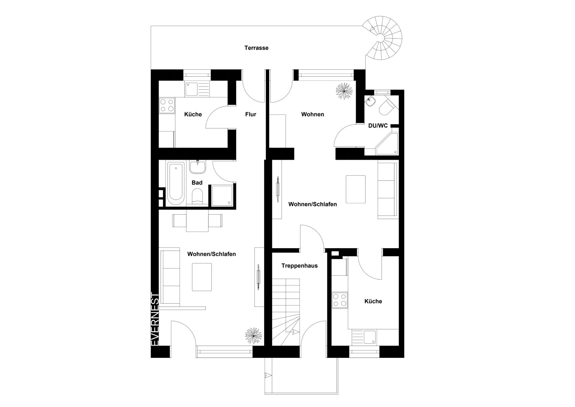Grundriss einer Wohnung mit zwei Küchen, zwei Bädern, Wohnzimmern und Terrasse.