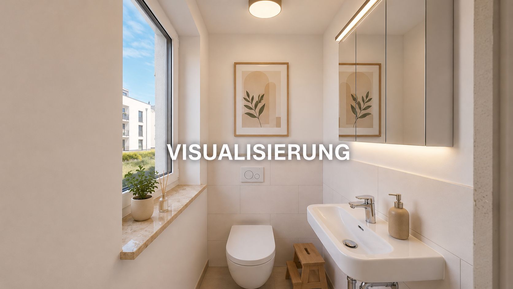Helles Badezimmer mit Fenster, Toilette, Waschbecken, Spiegel und Pflanze auf dem Fensterbrett.