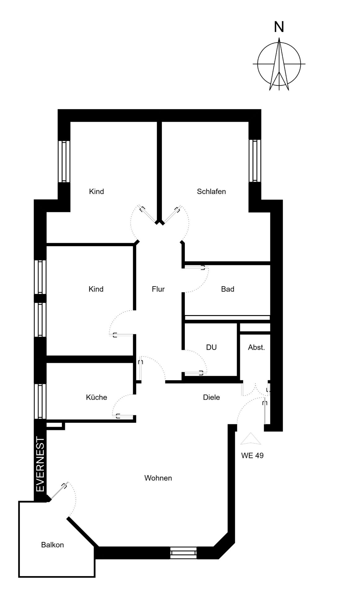 Grundriss einer Wohnung mit Balkon, Wohnzimmer, Küche, Bad, Flur, zwei Kinderzimmern und Schlafzimmer.