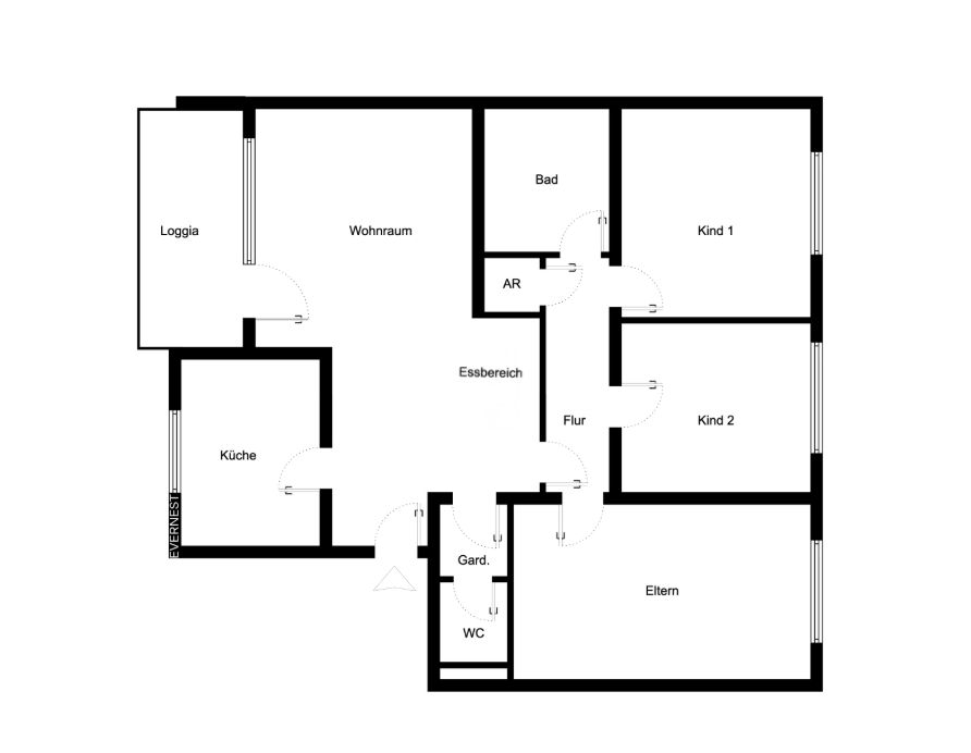 Grundriss einer Wohnung mit Loggia, Wohnzimmer, Küche, Essbereich, Bad, WC und mehreren Zimmern.