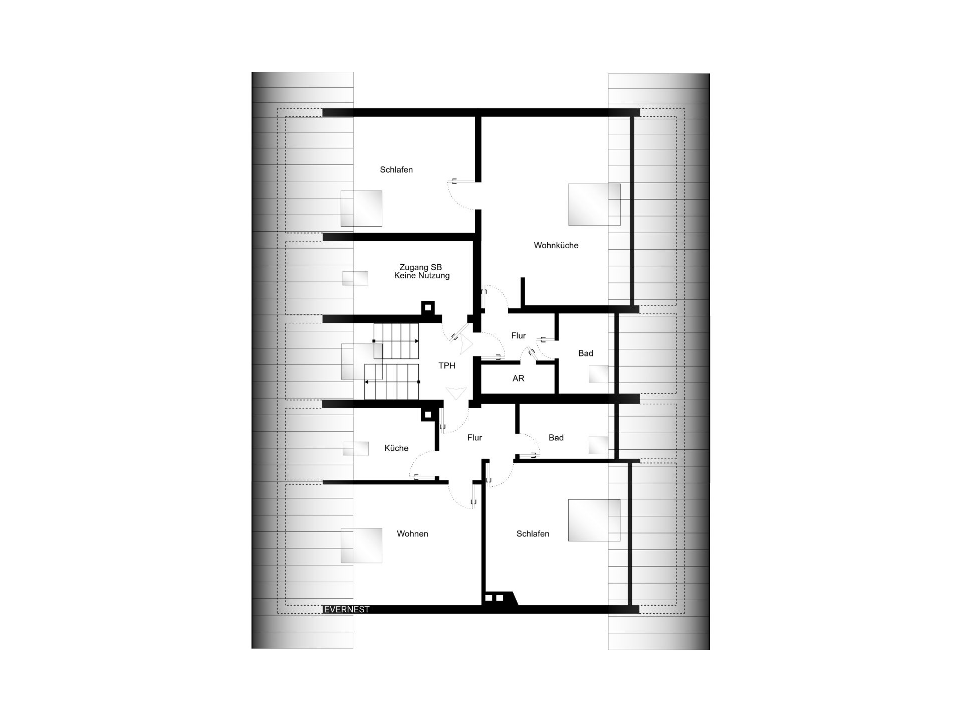 Grundriss einer Wohnung mit Schlafzimmer, Küche, Wohnzimmer, Bädern und Fluren.