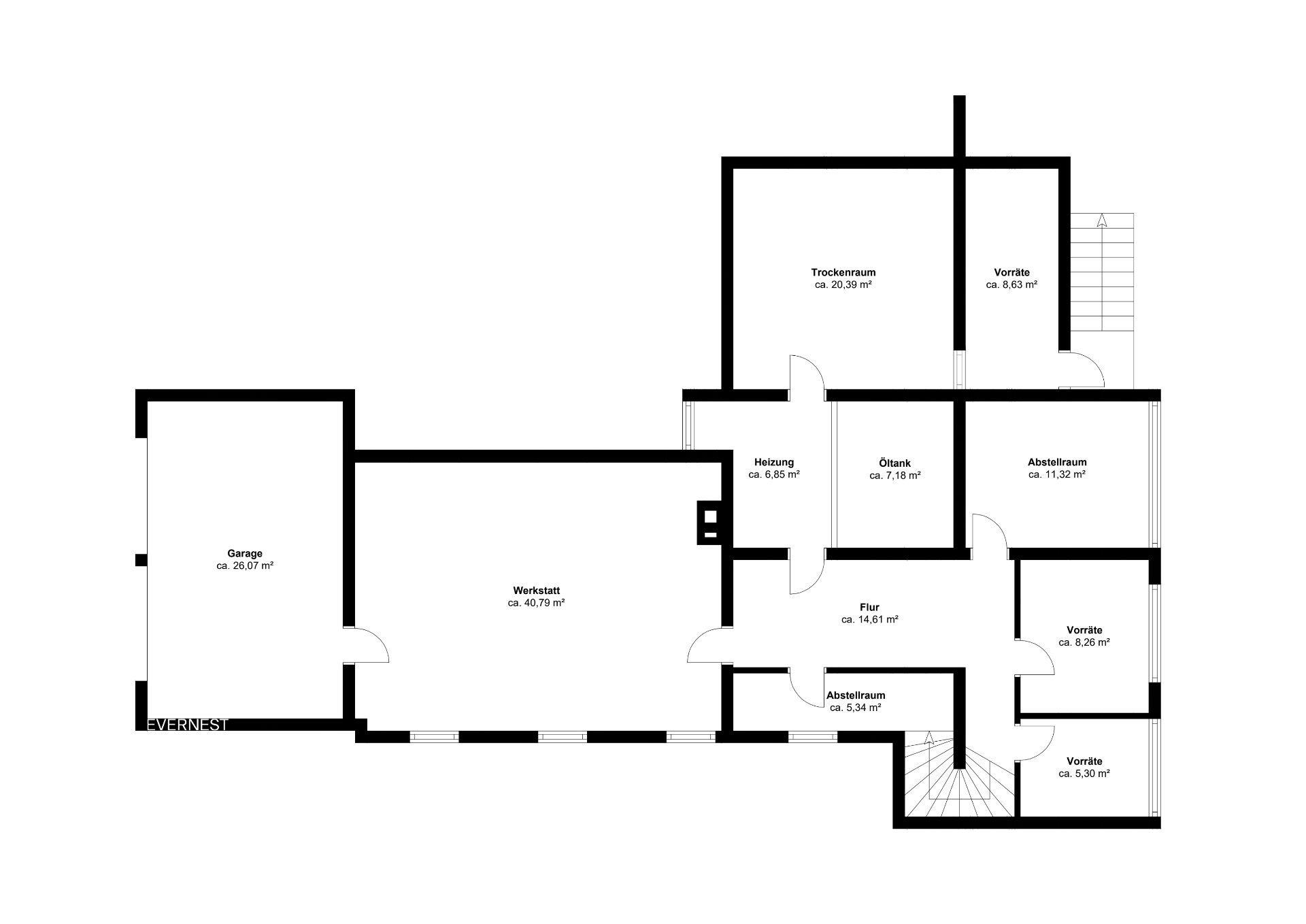 Grundriss mit Garage, Werkstatt, Heizraum, Vorratsräumen, Flur und Trockenraum.