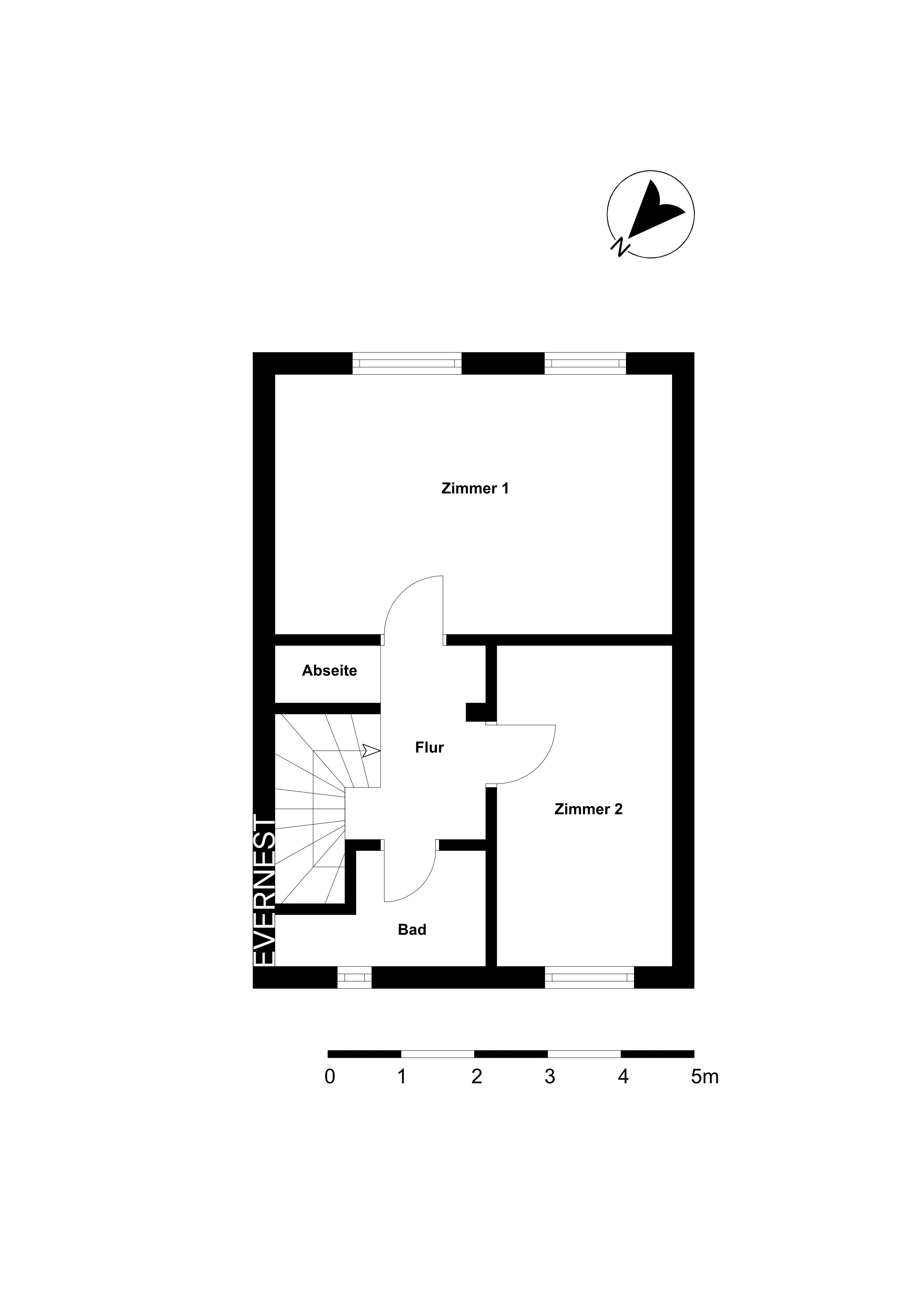 Grundriss mit zwei Zimmern, Bad, Abseite und Flur, dazu Treppe und Maßstab.