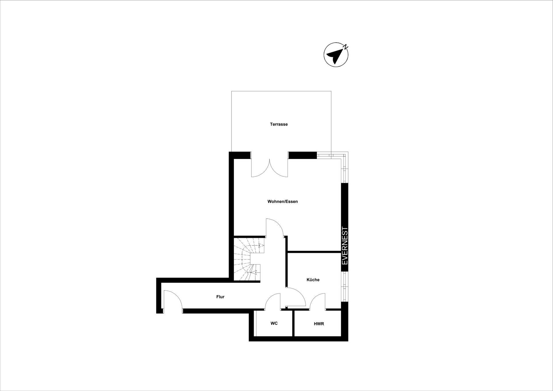 Grundriss mit Terrasse, Wohn-/Esszimmer, Küche, Flur, WC und Hauswirtschaftsraum.