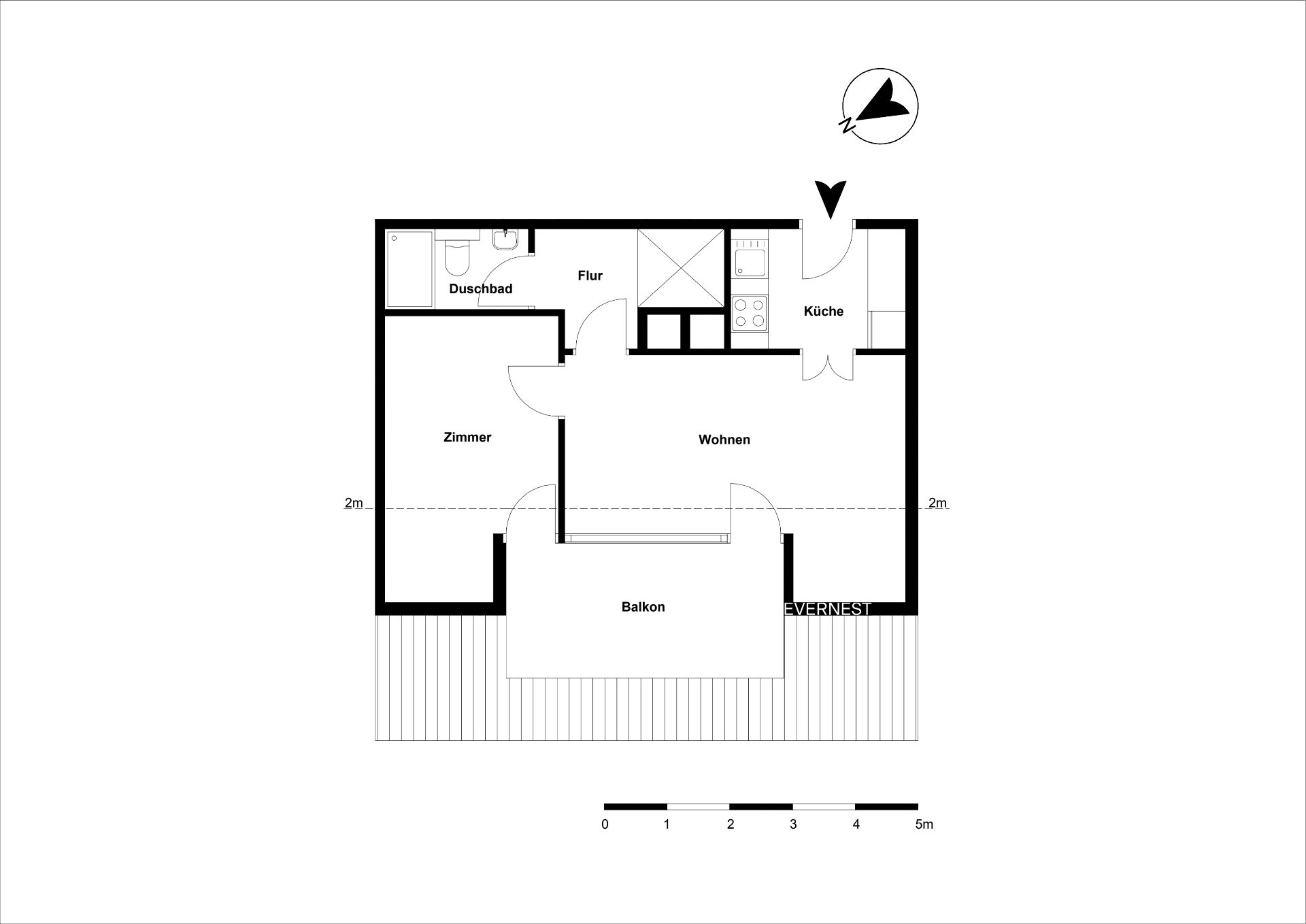 Grundriss einer Wohnung mit Zimmer, Duschbad, Flur, Küche, Wohnen und Balkon.