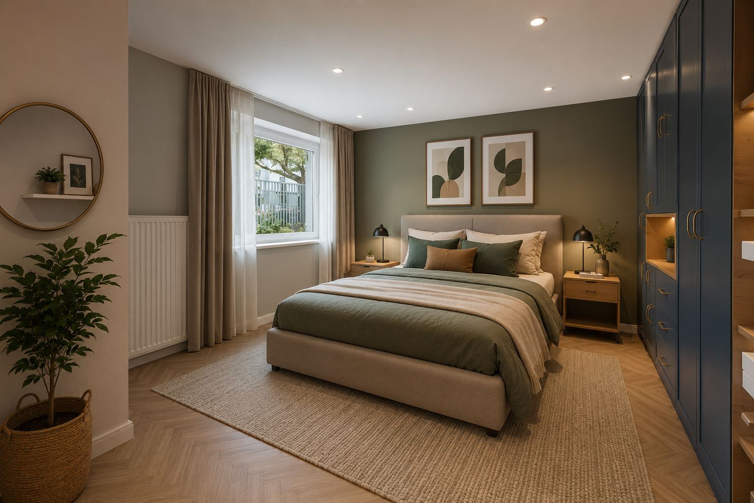 Modernes Schlafzimmer mit großem Bett, Teppich, Fenster und Einbauschränken.