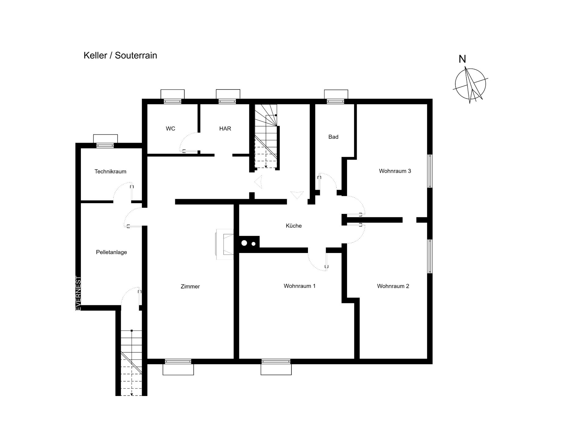 Grundriss eines Kellers mit Technikraum, mehreren Wohnräumen, Küche, Bad und WC.