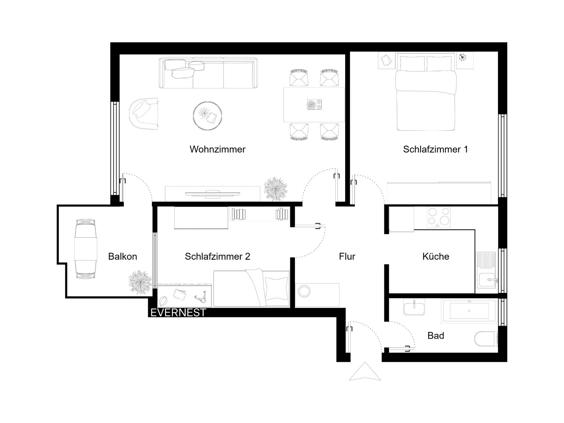 Grundriss einer Wohnung mit Wohnzimmer, zwei Schlafzimmern, Küche, Bad, Flur und Balkon.