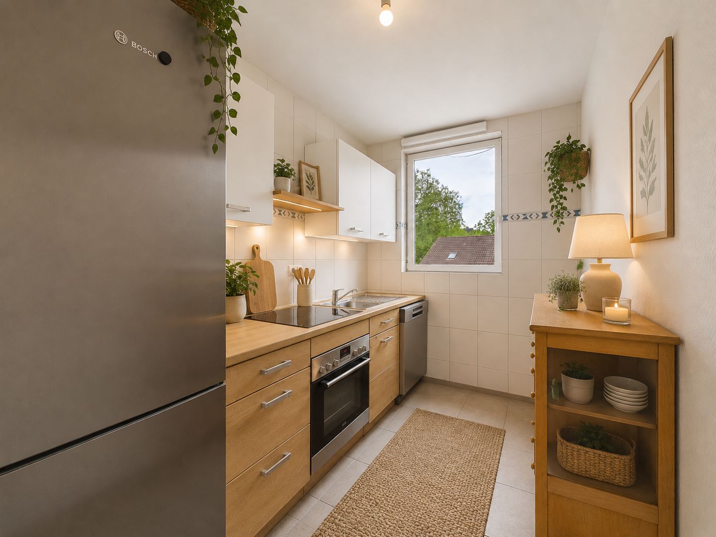 Helle Küche mit Holzschränken, Herd, Kühlschrank, Fenster und Dekorationen.