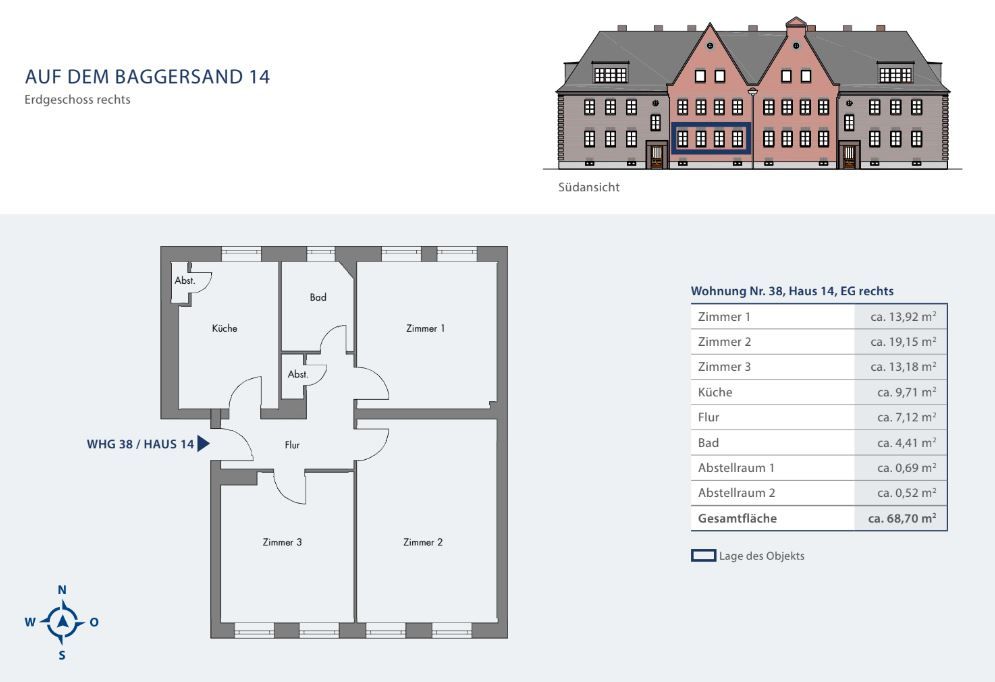 Grundriss einer Wohnung mit drei Zimmern, Küche, Bad, Flur und zwei Abstellräumen.