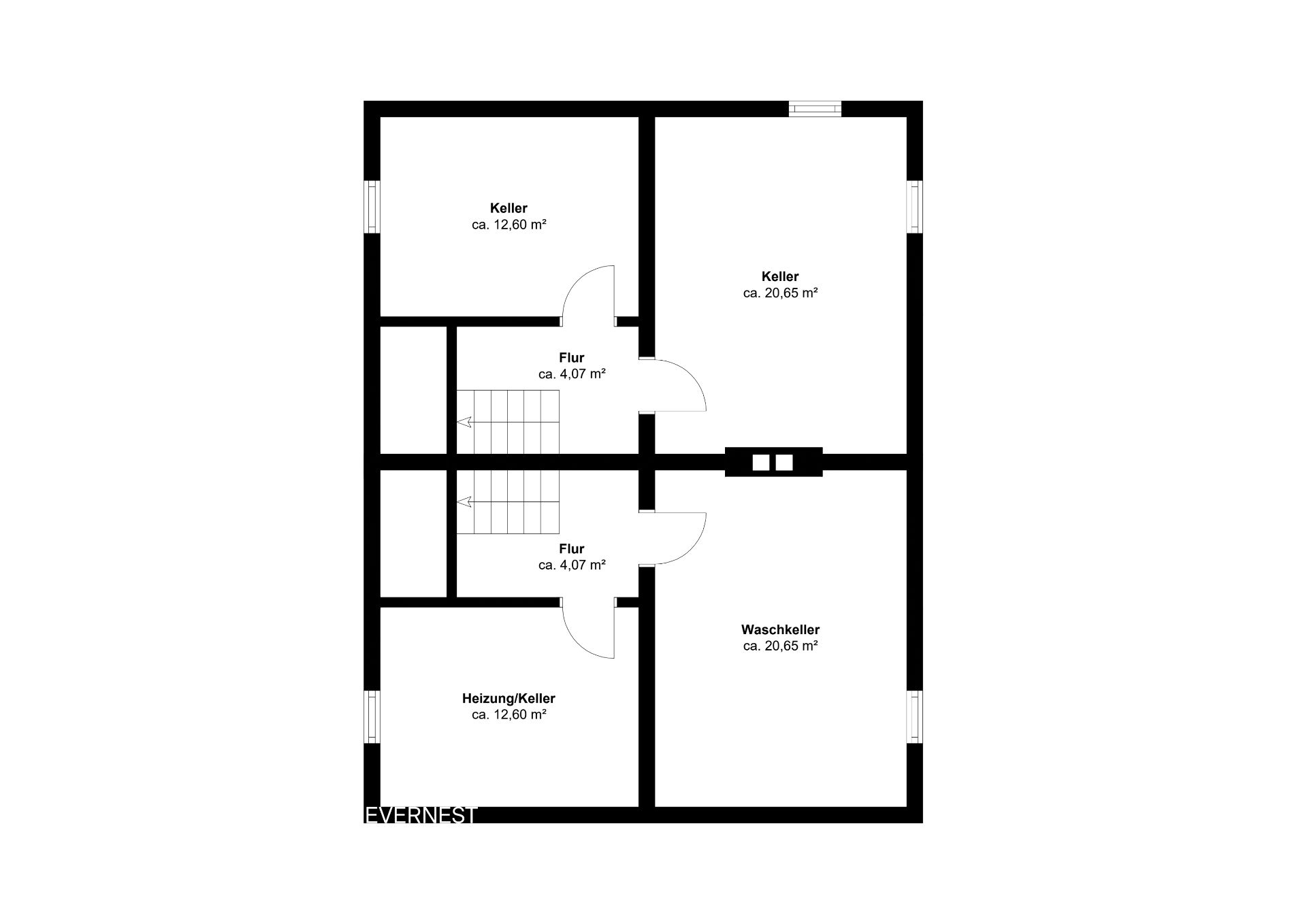 Grundriss eines Kellers mit mehreren Räumen, darunter Heizungsraum und Waschkeller.