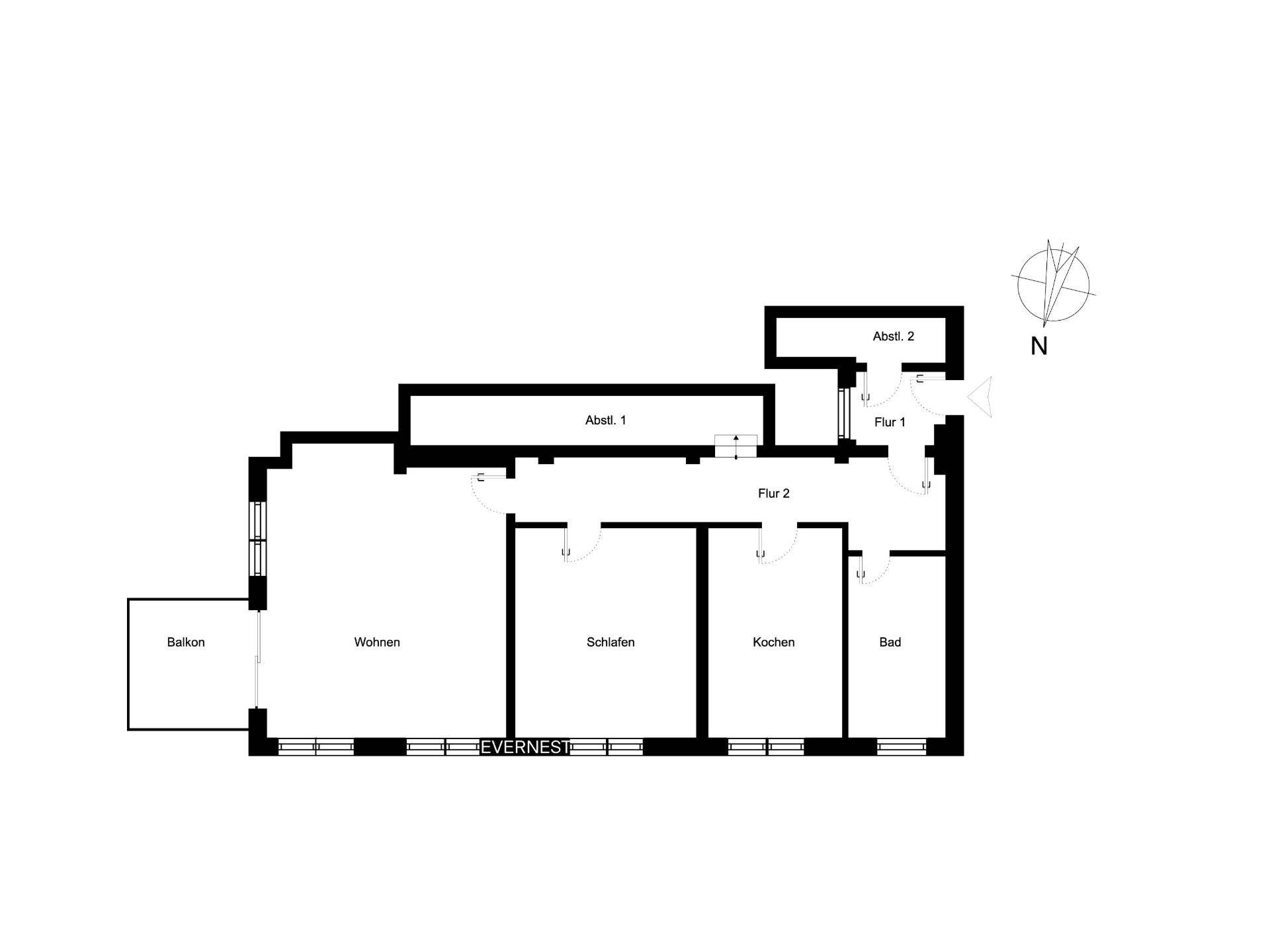 Grundriss einer Wohnung mit Balkon, Wohnzimmer, Schlafzimmer, Küche, Bad und zwei Abstellräumen.