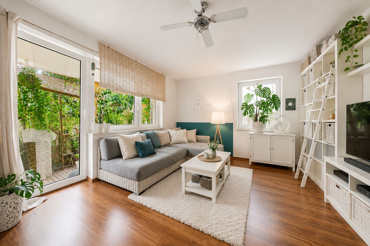 Helles Wohnzimmer mit grauem Sofa, Teppich, Couchtisch, Fenster und Pflanzen, Holzboden und Zugang zum Balkon.